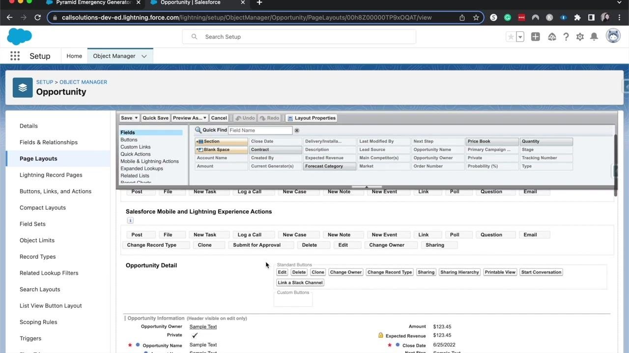 Opportunity page layout editor showing fields, actions, and layout customization options