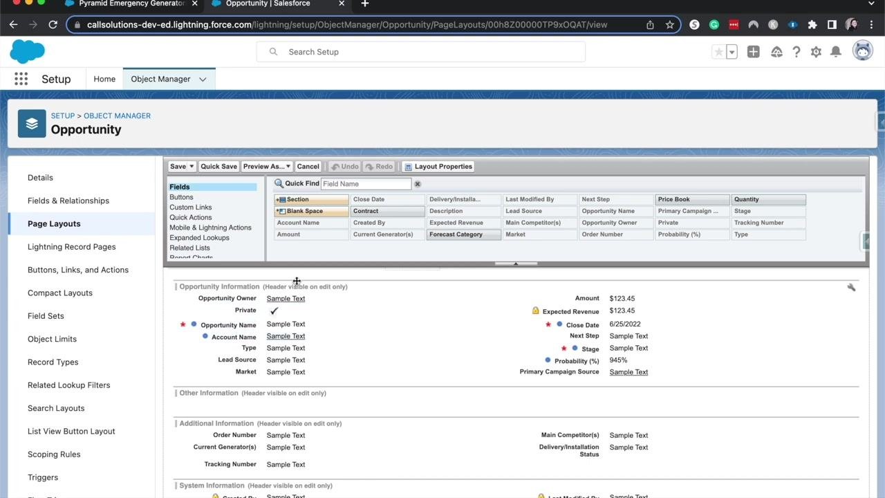 Salesforce Opportunity page layout editor showing multiple collapsible sections and visible headers