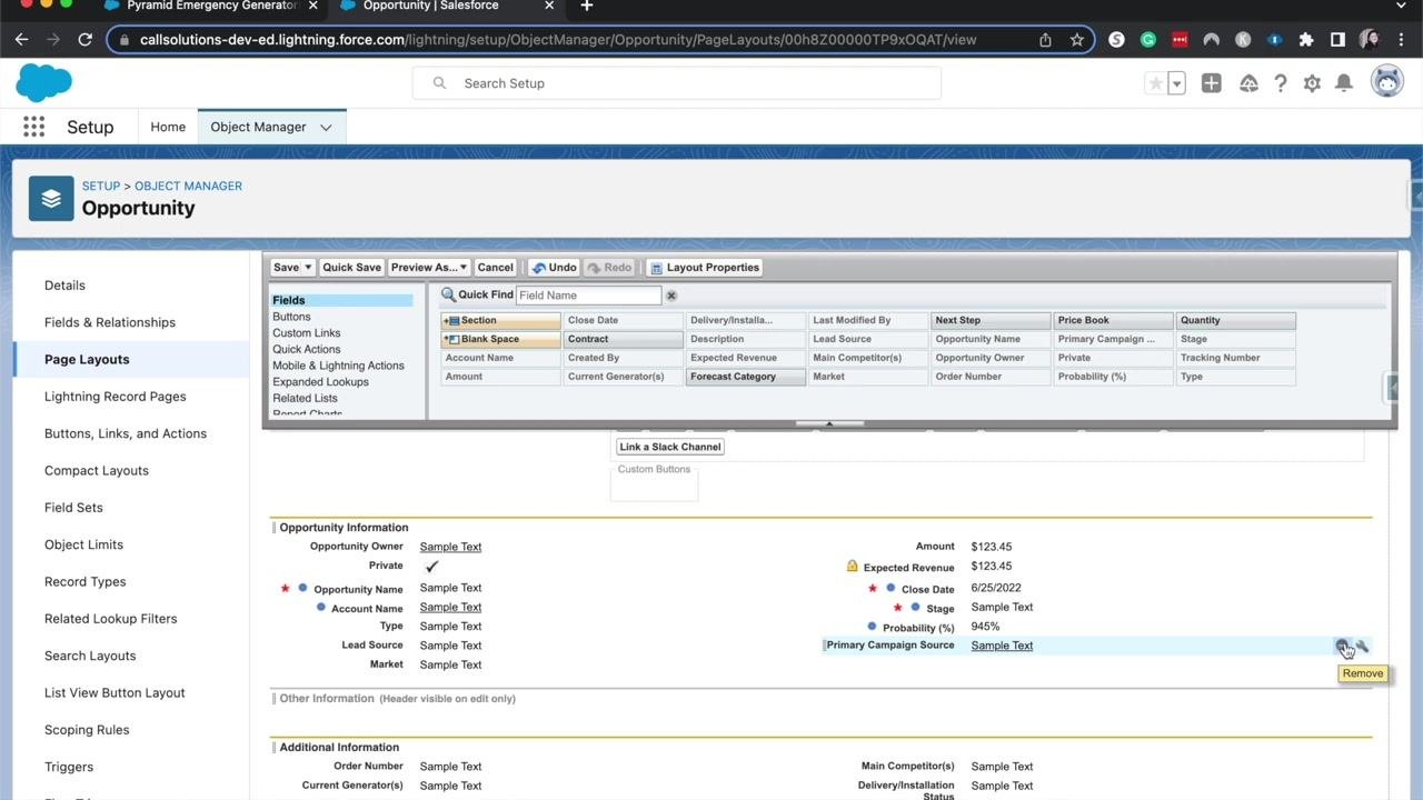 Cursor hovering over the remove icon for a field in the Opportunity Information section