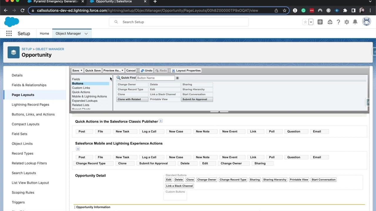 Buttons and quick actions configuration in the Opportunity page layout editor