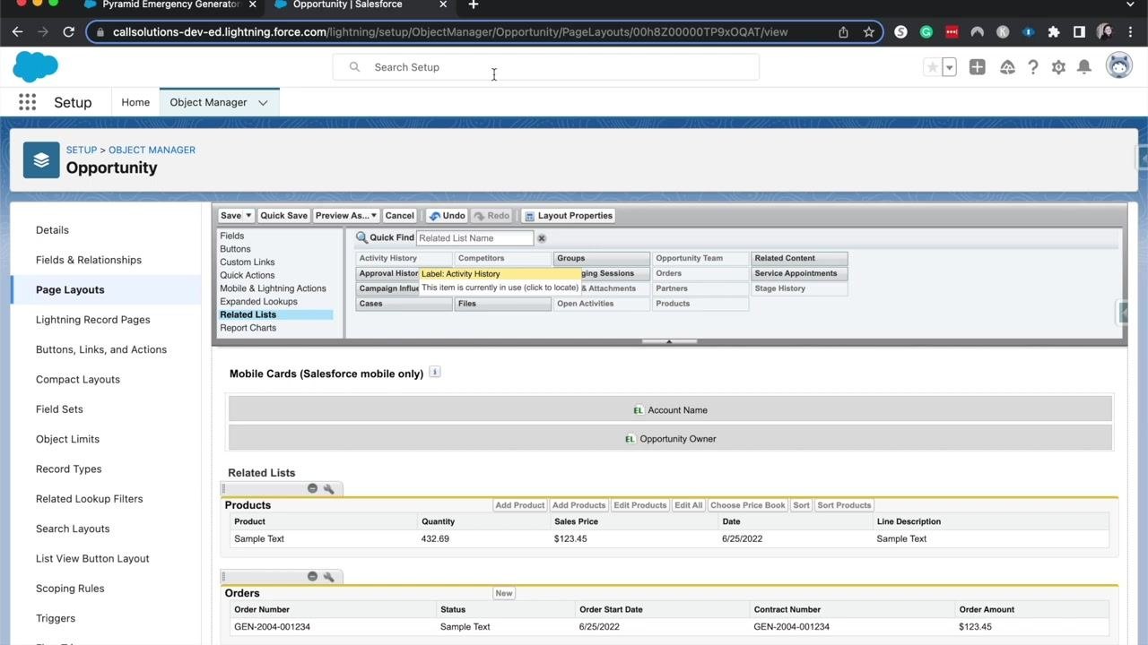 Salesforce Opportunity page layout editor showing the Related Lists section with Products and Orders, including columns and action buttons