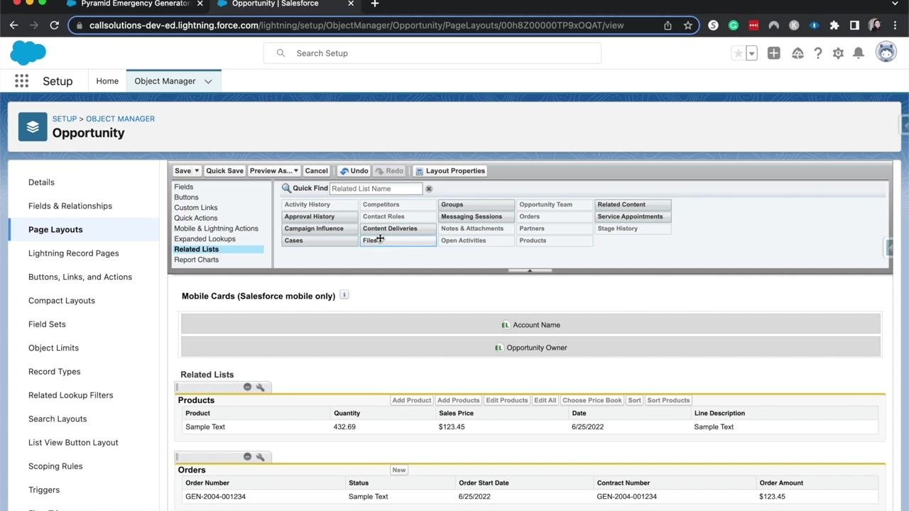 Salesforce Opportunity page layout editor showing related lists and sample data for Products and Orders