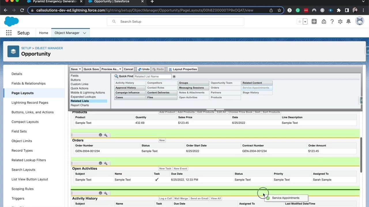 Salesforce Opportunity page layout editor with related lists being dragged and dropped, highlighting Service Appointments