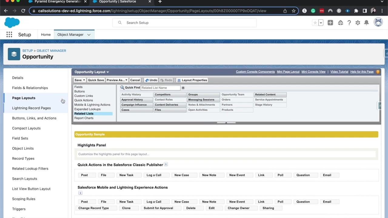 Salesforce Opportunity page layout editor after quick save, showing layout options and related lists