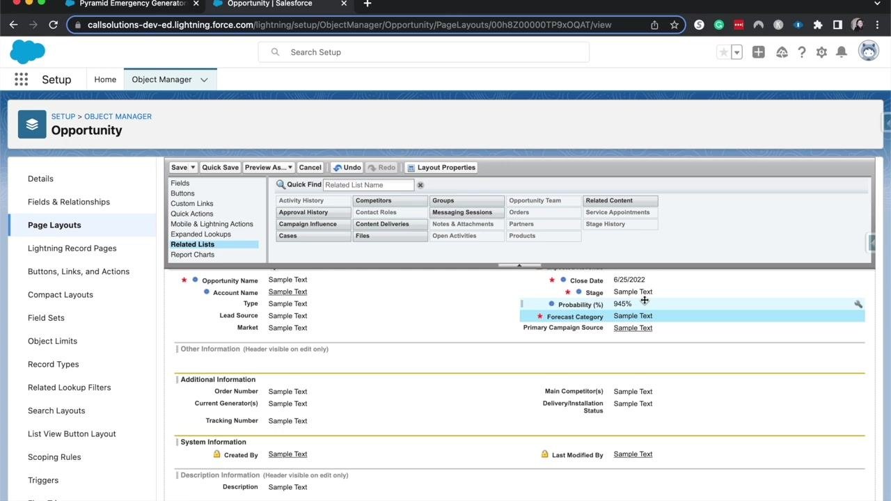 Salesforce Opportunity page layout editor with fields being rearranged in the Opportunity Detail section