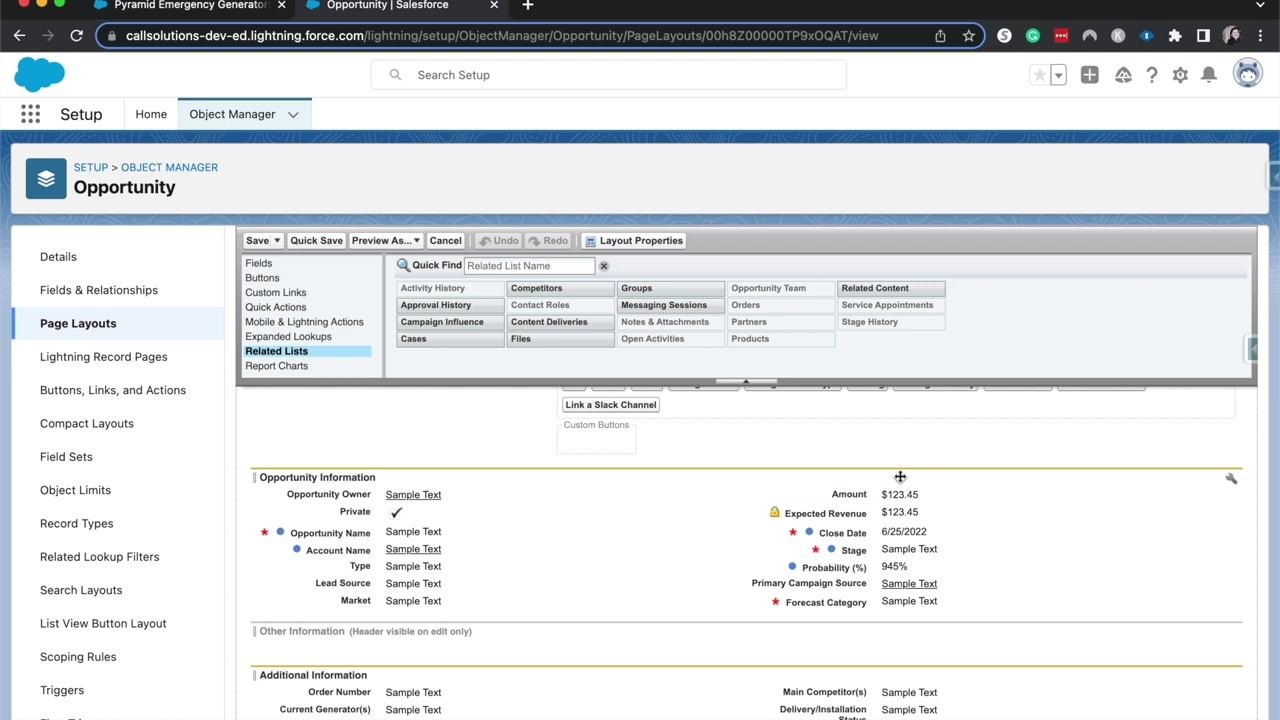 Section Properties dialog in the Salesforce Opportunity page layout editor, showing options for layout and tab-key order