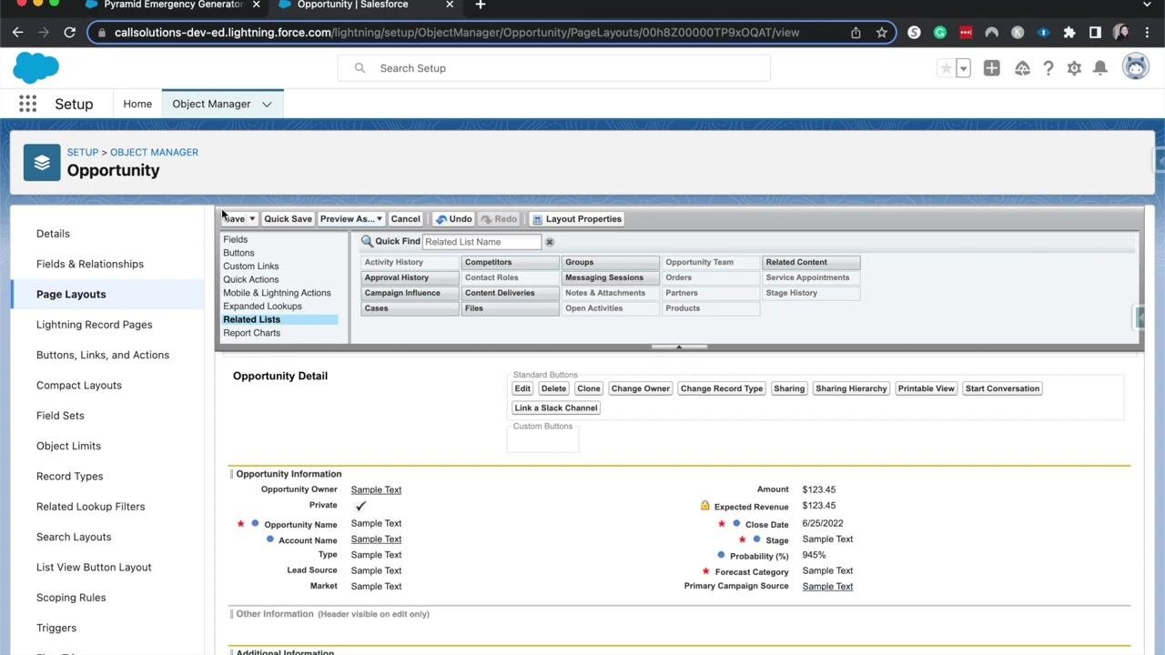 Salesforce Opportunity page layout editor showing the finalized layout with the updated Opportunity Detail section
