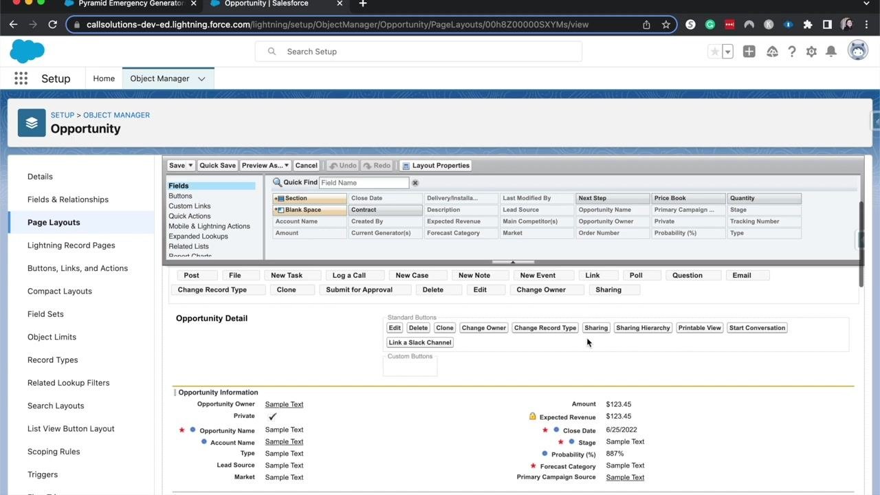 Salesforce "Create New Page Layout" screen for Opportunity, with "Opportunity Layout" selected and "New opportunity layo" entered as the name