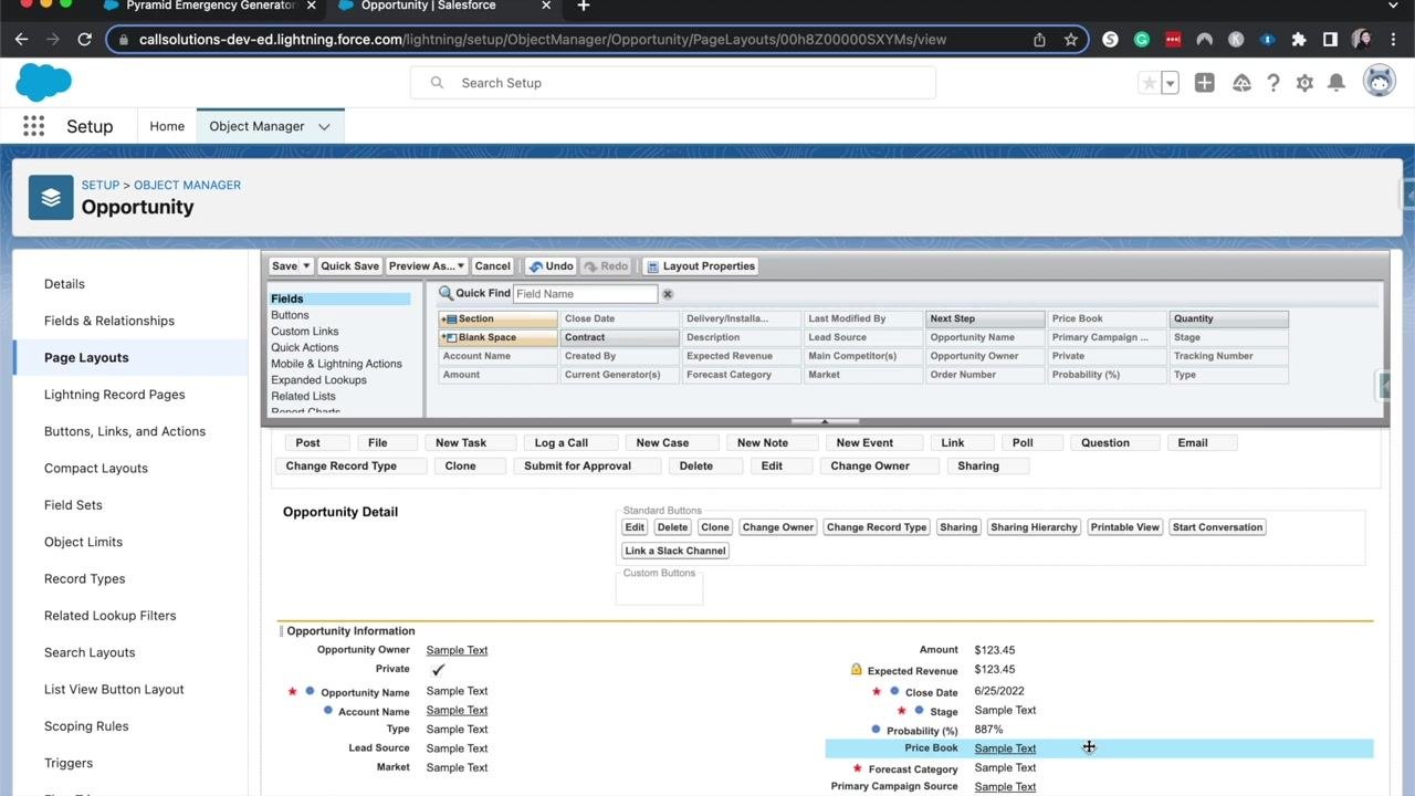 Salesforce Opportunity page layout editor with fields and Opportunity Detail section, highlighting limited information for restricted users