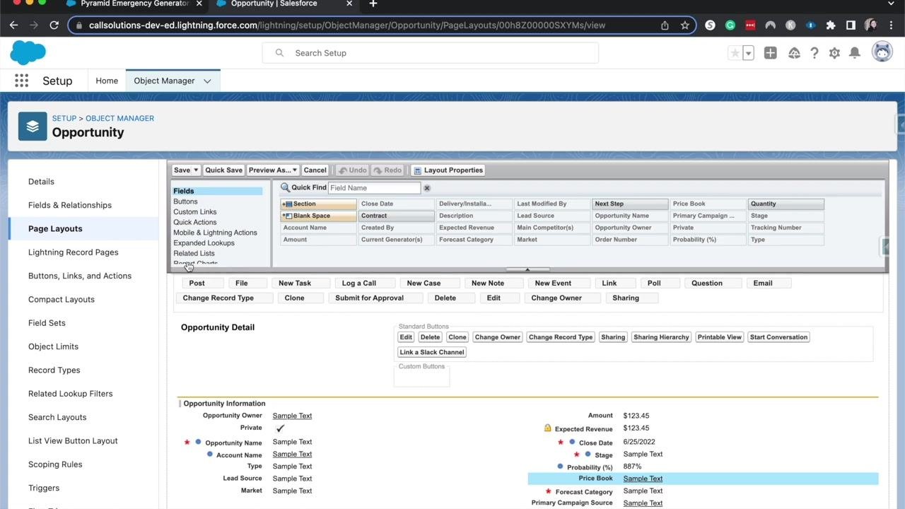 Salesforce Opportunity page layout editor after quick save, showing the layout palette and Opportunity Detail section