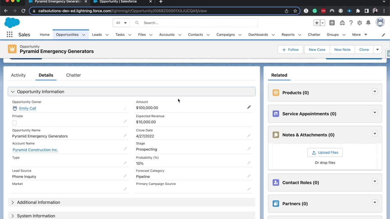 Salesforce Opportunity record view with the final layout, showing Opportunity Information, related lists, and section headers