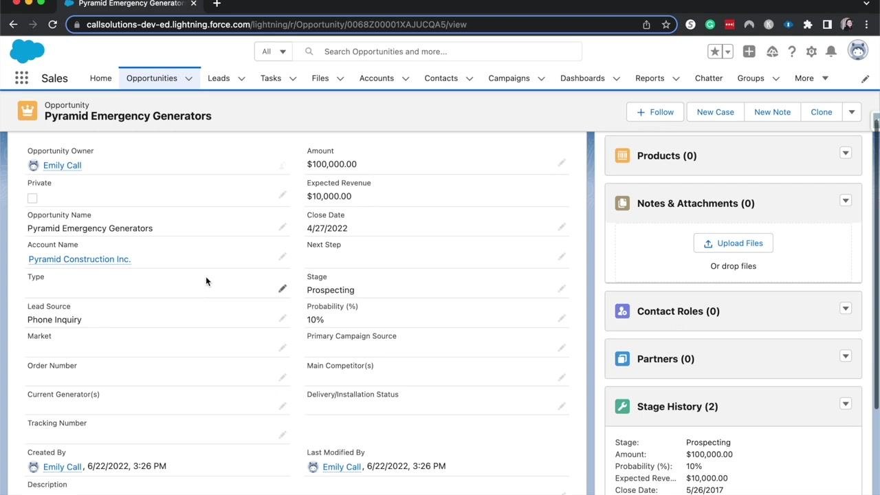 Opportunity details page showing grouped fields and related lists