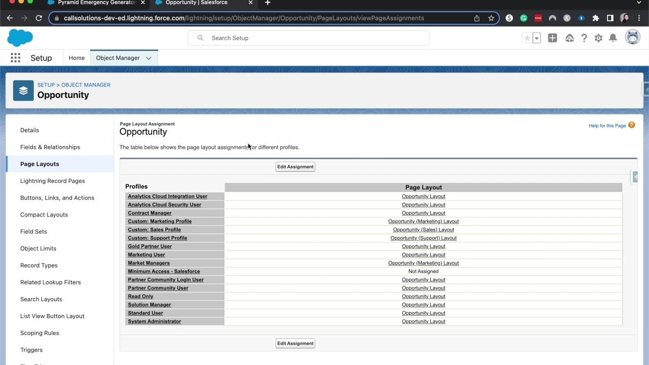 Salesforce Opportunity record with the Setup menu open and 'Edit Object' highlighted