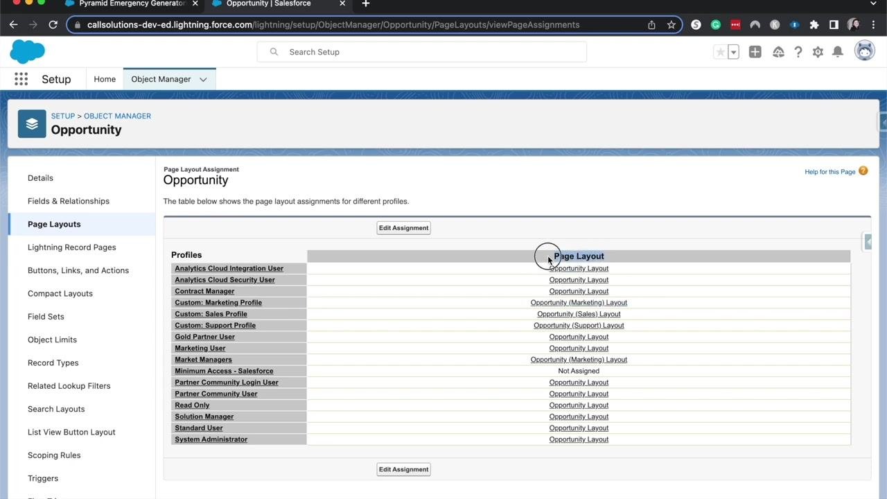 Page Layout Assignment table with cursor highlighting the assignment logic