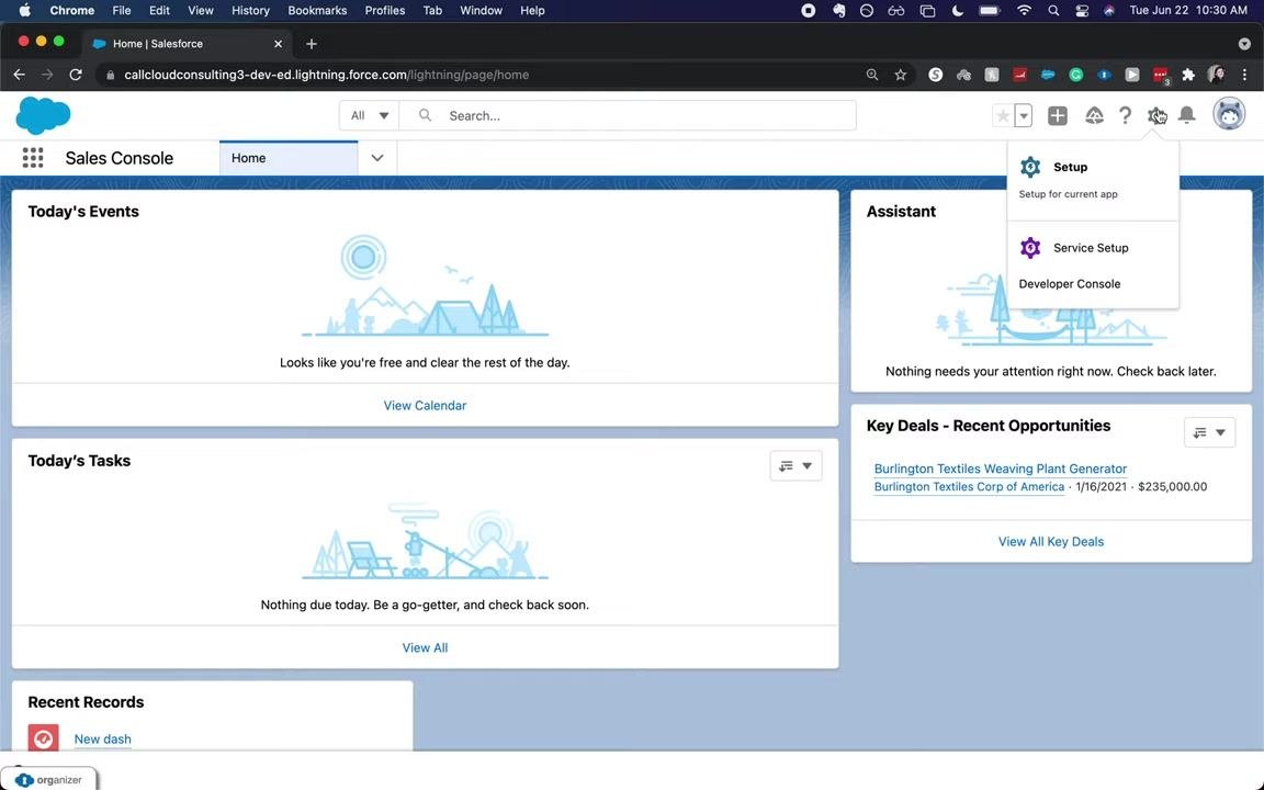 Salesforce Lightning interface with the Setup menu open, showing options for Setup, Service Setup, and Developer Console, with the cursor hovering over the gear icon.