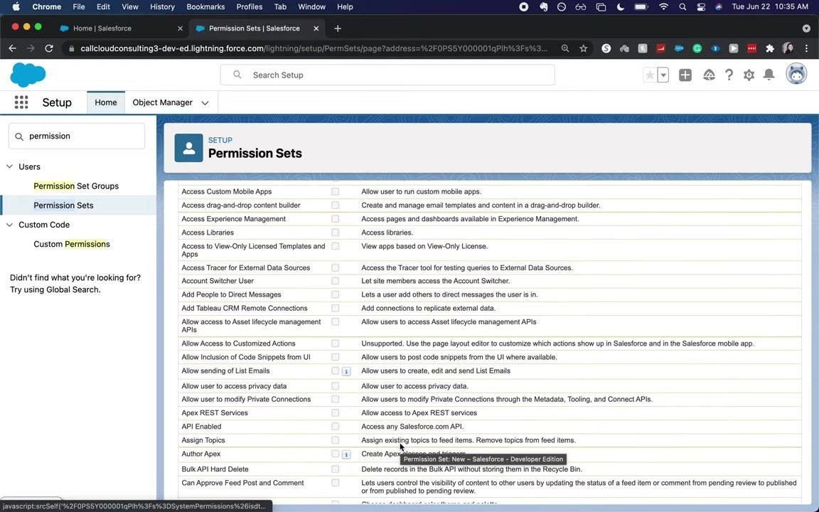 Permission Sets page with the system permissions and service providers section visible.
