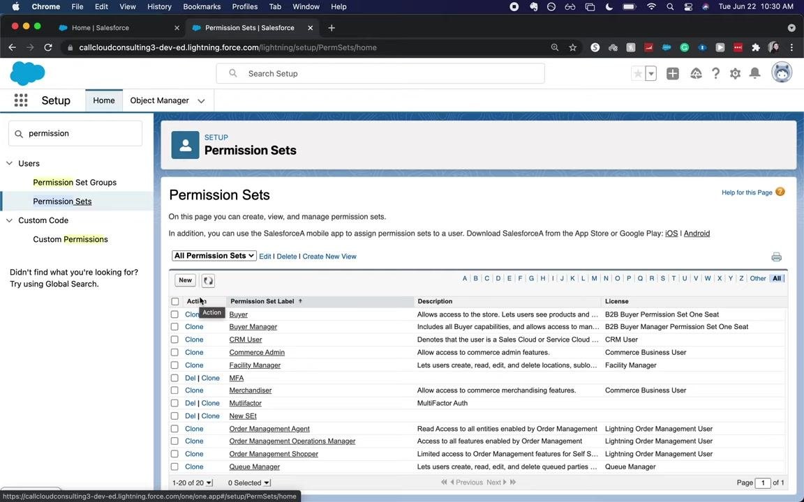 Salesforce Setup Home page with "permission" typed into the Quick Find box, highlighting Permission Sets under Users.