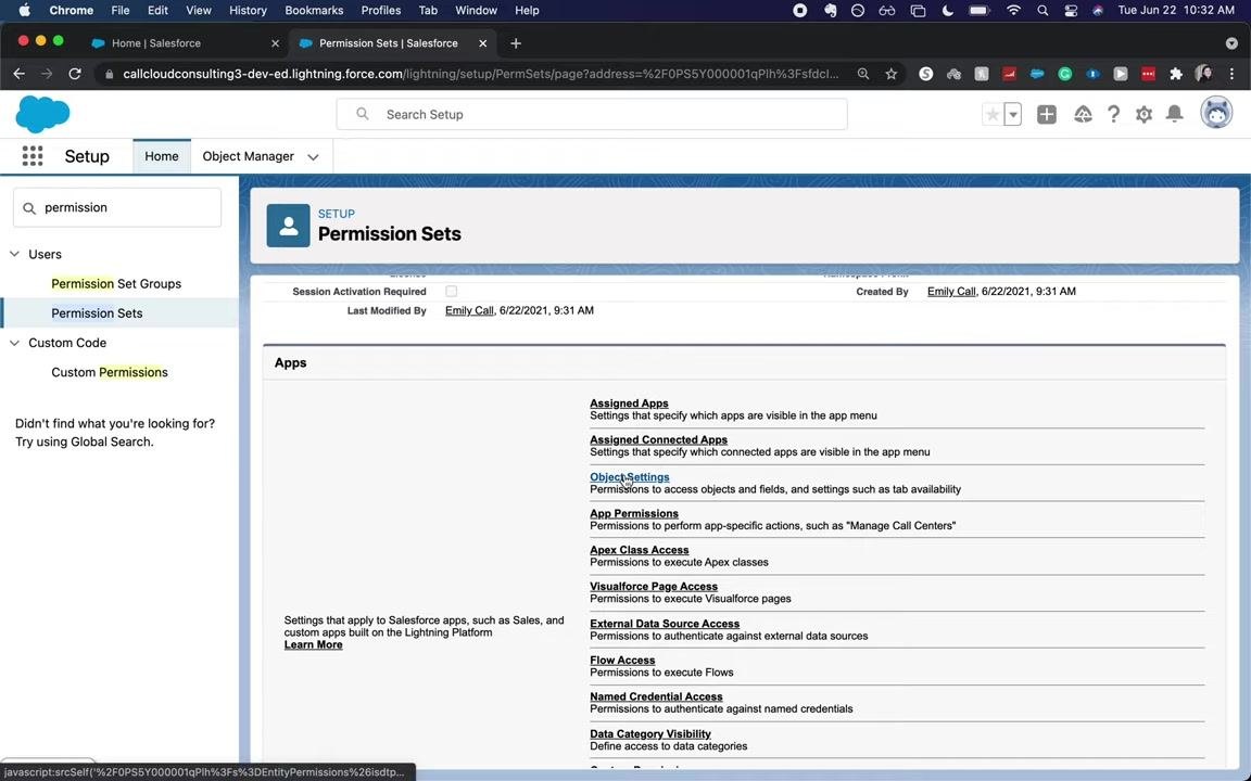 Permission Set Overview page with the Object Settings link highlighted under the Apps section.