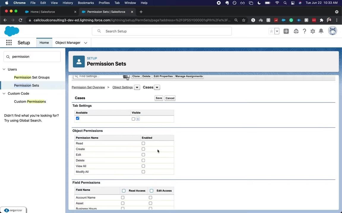 Cases object settings with Read and Edit permissions enabled, and Create and Delete unchecked.