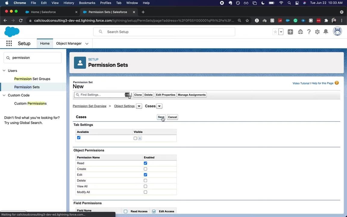 Cases object settings with Read and Edit permissions enabled and the Save button highlighted.