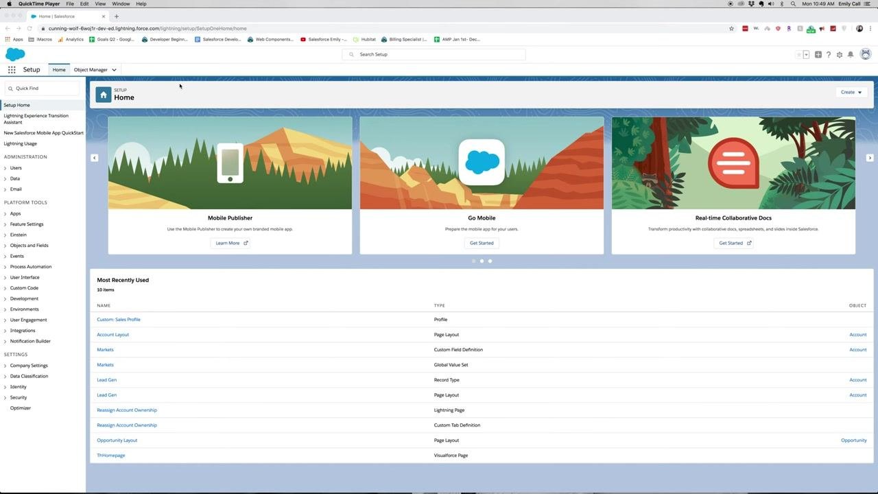Salesforce Setup Home page with navigation sidebar and recently used items