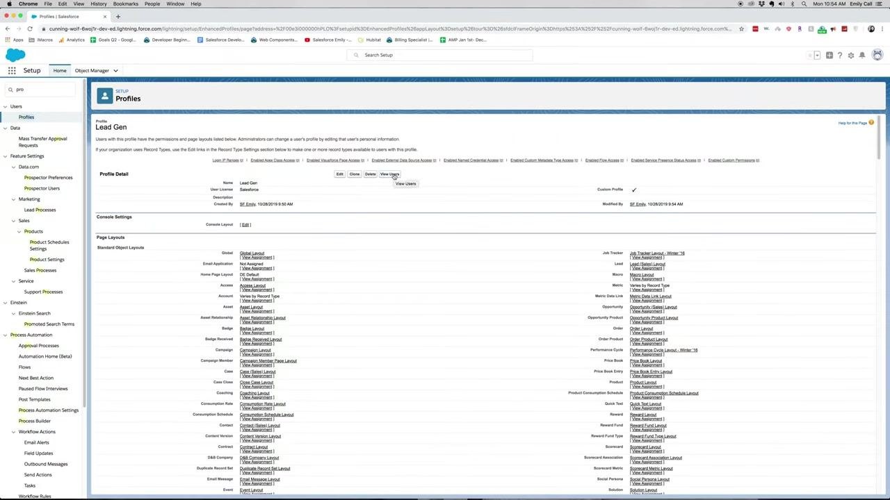 Salesforce Setup page with the Users section selected, showing no users currently assigned to Lead Gen