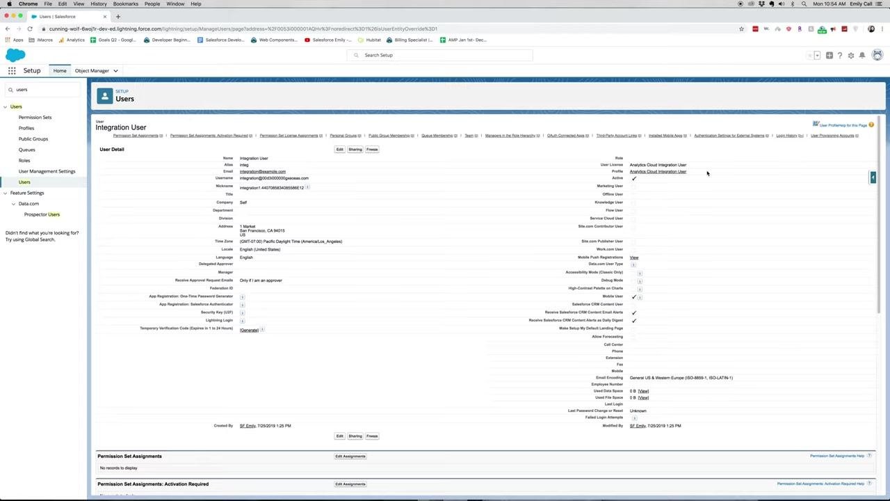 User detail page for Integration User ready for editing to change the profile assignment