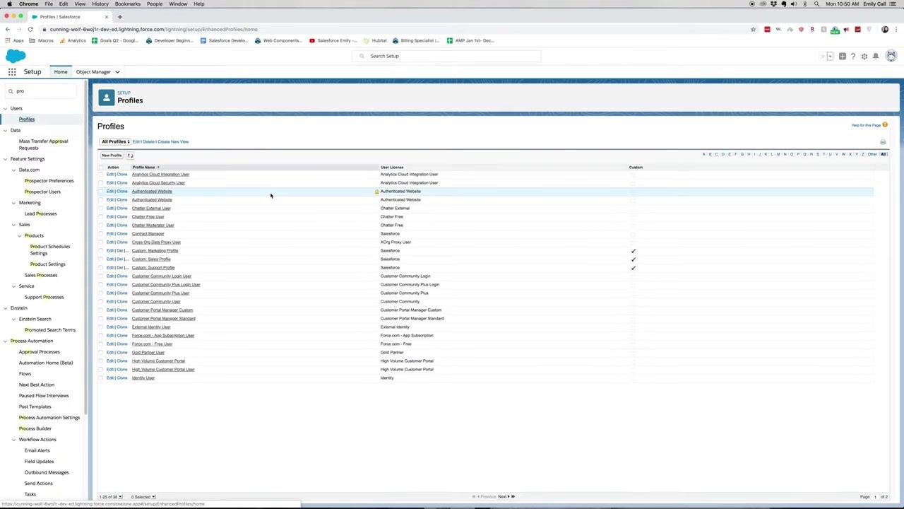 Profiles list showing available profiles with edit and clone options