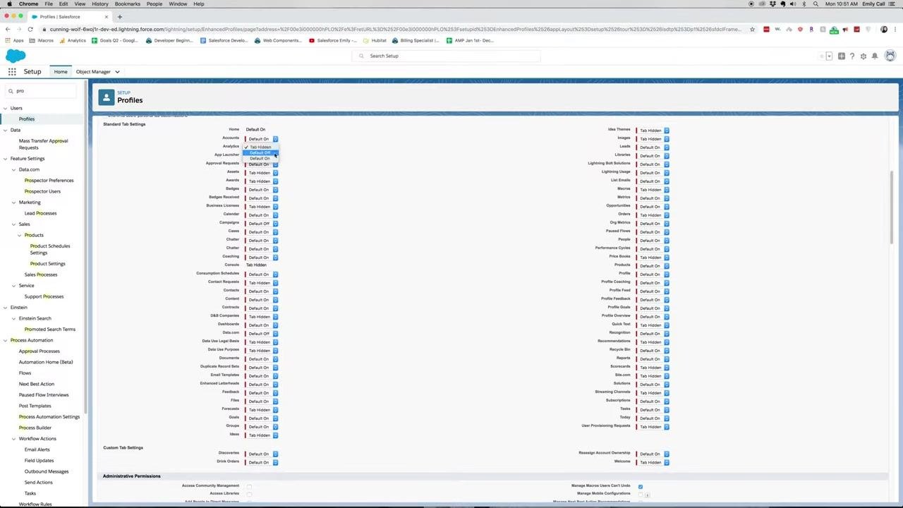 Tab Settings section with the Analytics tab being changed from Tab Hidden to Default On
