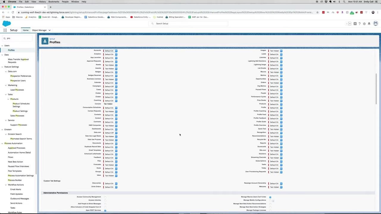 Custom Tab Settings section with Reassign Account Ownership set to Default On and Welcome set to Tab Hidden