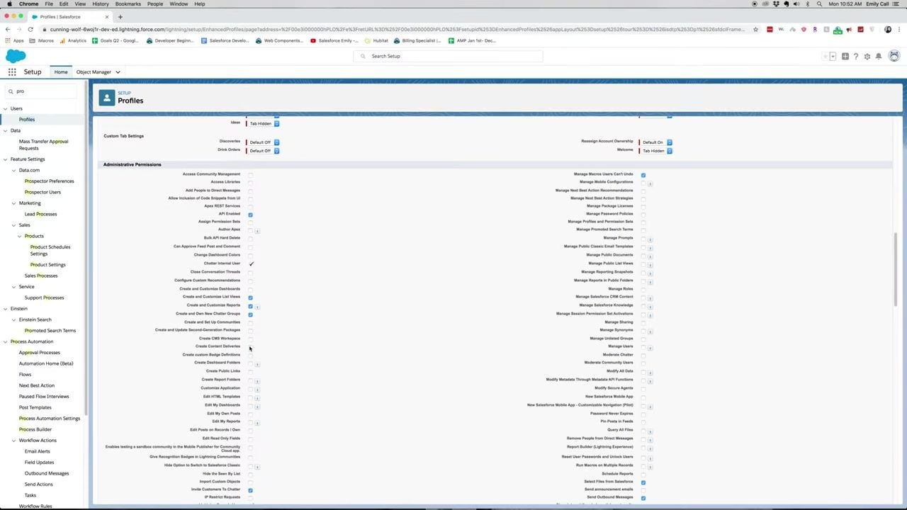 Administrative Permissions section with Content unchecked and permissions for Chatter Groups, Reports, and List Views enabled