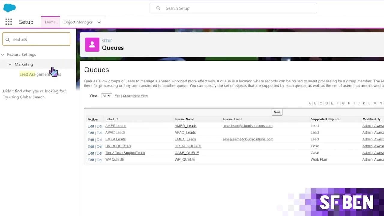 Lead Assignment Rules screen showing a list of rules, including Demo Rule and Main Lead Assignments.