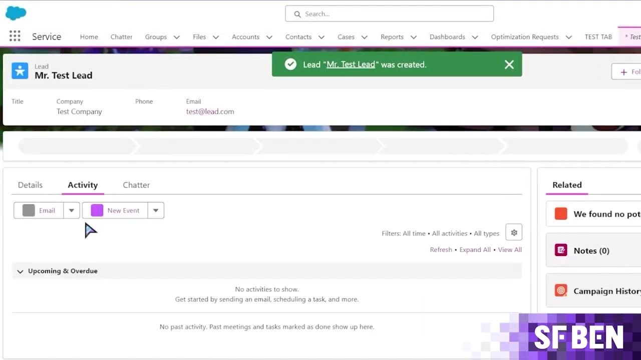 Salesforce lead record screen showing a confirmation banner, lead details, and activity options.
