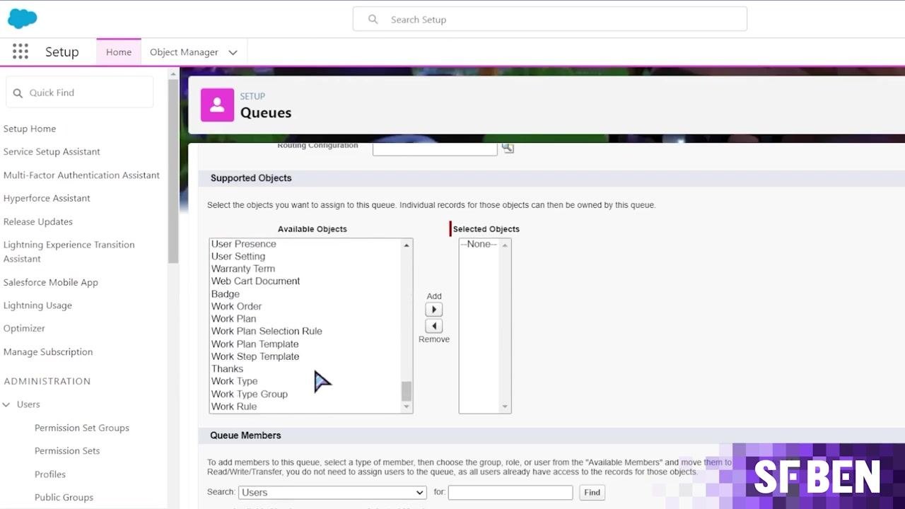 Salesforce New Queue screen showing available and selected objects alongside a user search for queue members.