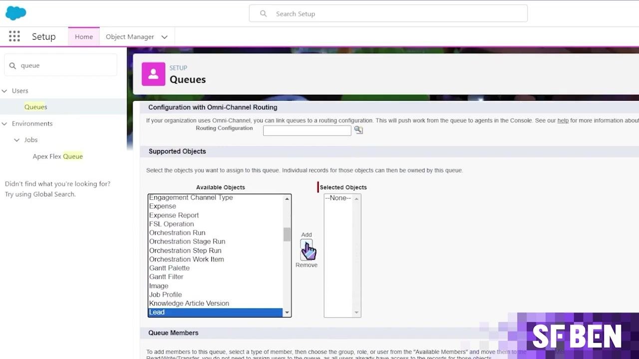 Salesforce "New Queue" screen showing Lead highlighted in the Available Objects list with the cursor pointing to the Add button.