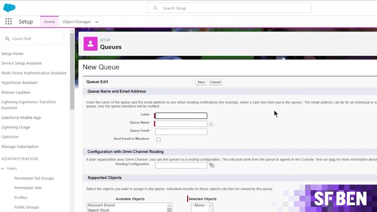 Salesforce New Queue creation screen with fields for label, queue name, email, and supported objects selection.