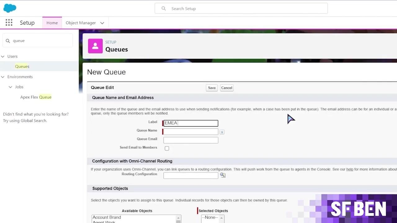 Salesforce Setup Home screen with the Quick Find box open and Queues highlighted in the sidebar.