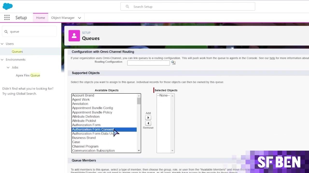 Salesforce "New Queue" screen showing the Supported Objects section with Lead highlighted in the Available Objects list.