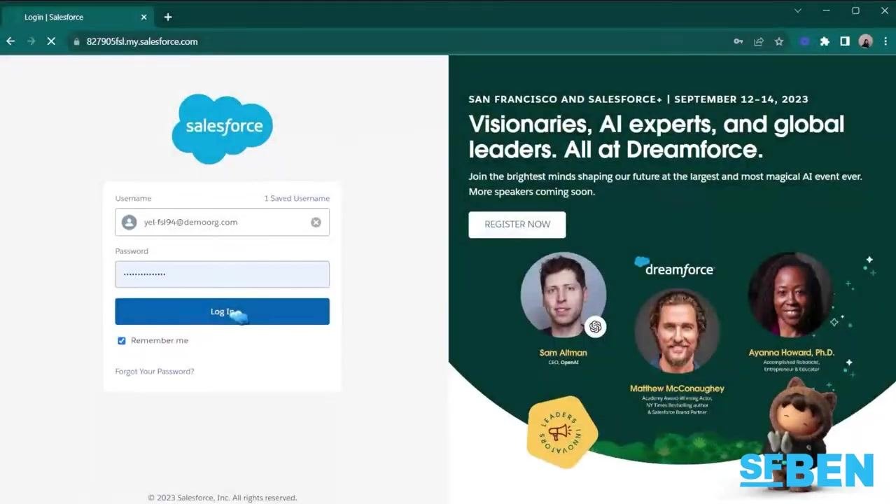 Salesforce login screen with username and password fields, "Log In" button, and Dreamforce event banner