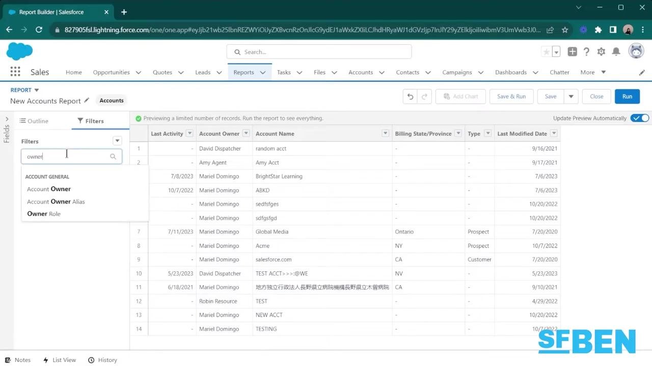Salesforce "Create Report" dialog with the "Accounts" report type selected under Recently Used