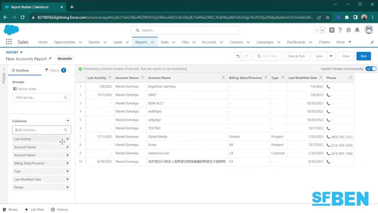 Salesforce Report Builder with "Phone" being added as a column, visible in the Columns section and report preview