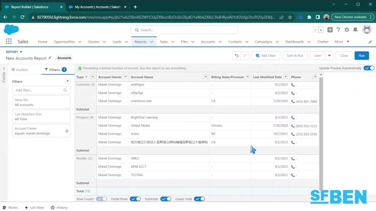 Salesforce report with grouped data, applied filters, and toggles for Detail Rows, Subtotals, and Grand Total enabled