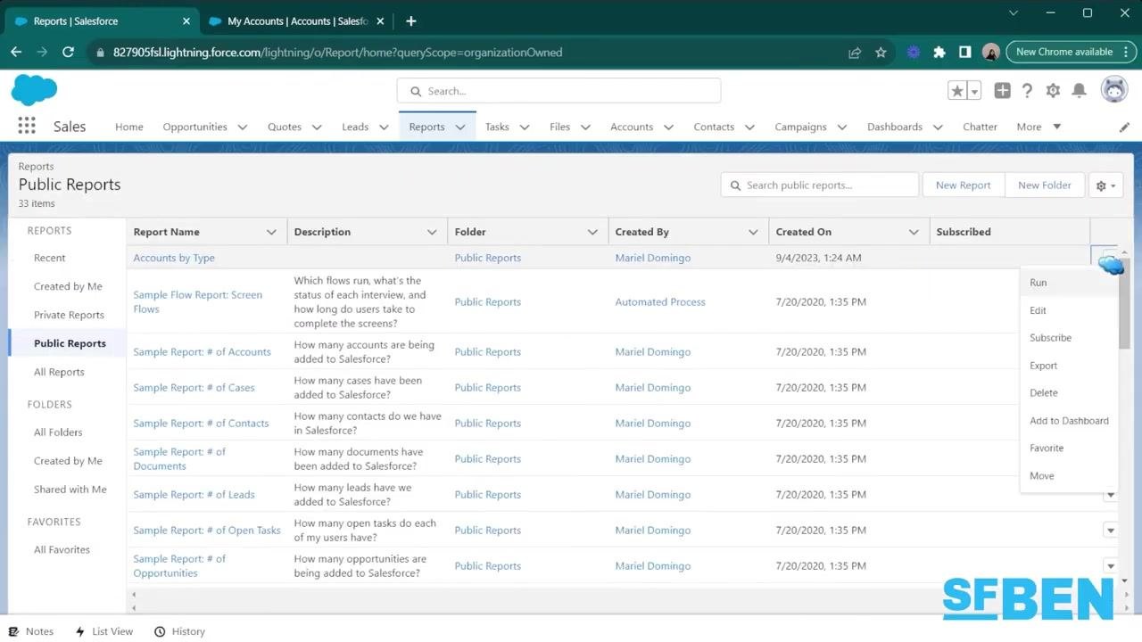 Salesforce Reports screen showing the "Public Reports" list, with options to create a new folder and manage reports