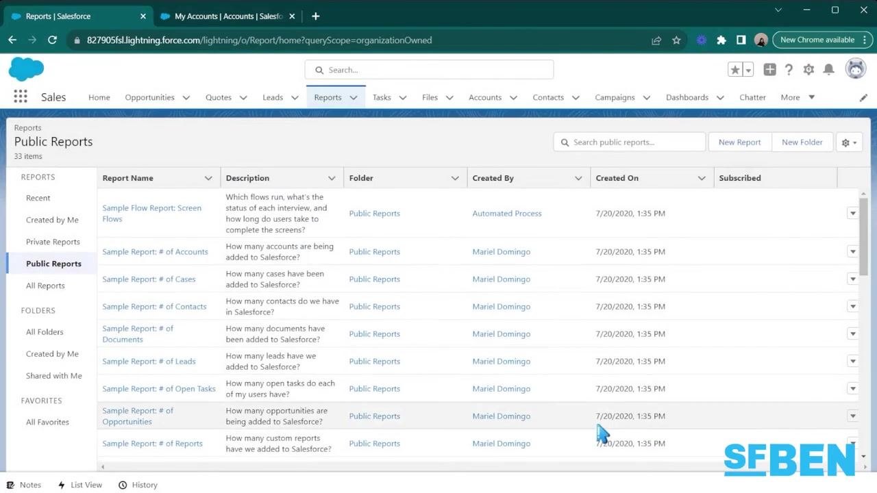 Salesforce Reports screen showing the "Accounts by Type" report during the process of moving it to a new folder
