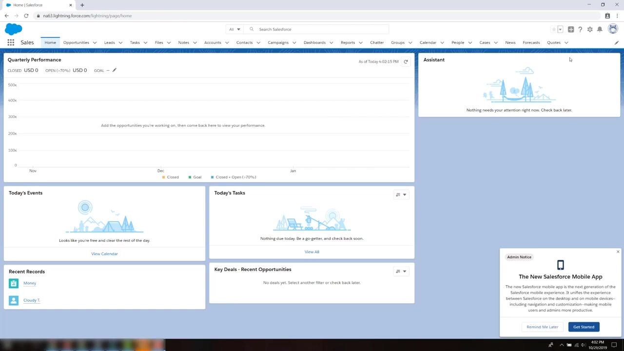 Salesforce Lightning Home page showing the navigation bar, performance panels, and an admin notice