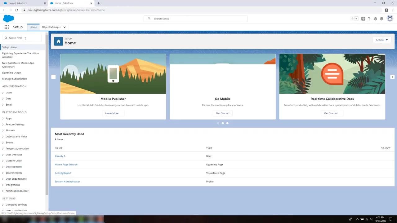 Salesforce Setup home page with the Quick Find box and navigation sidebar visible