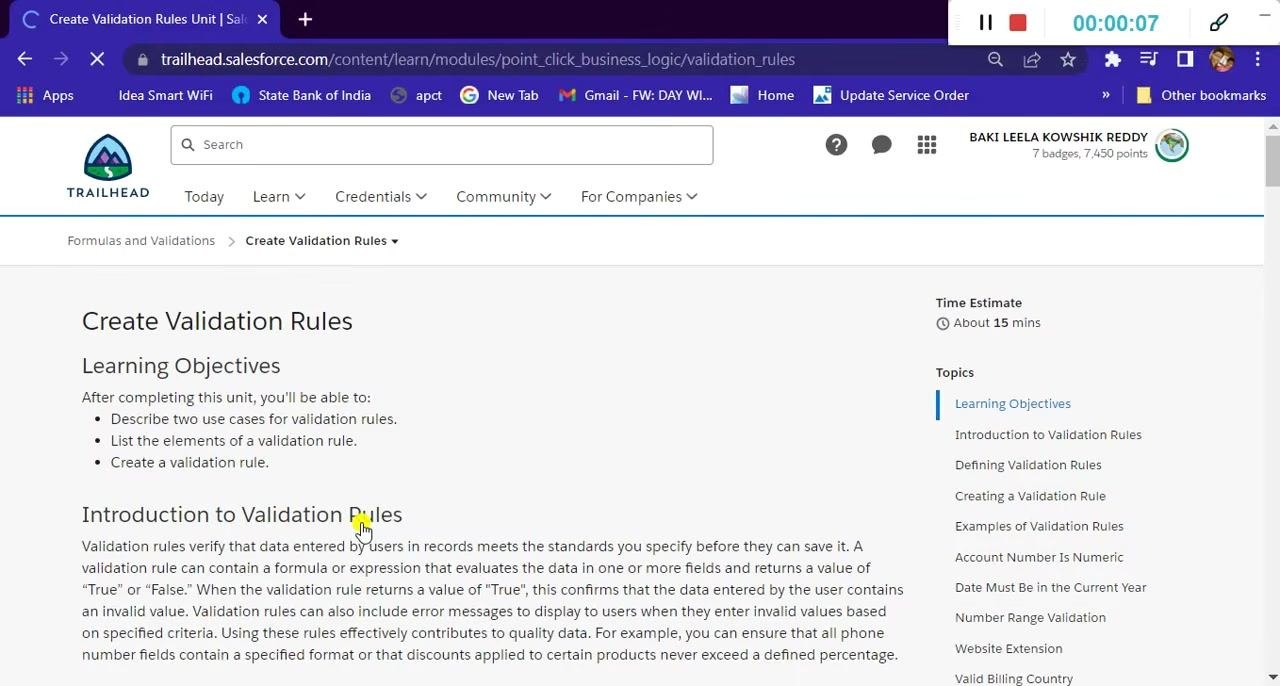 Salesforce Trailhead module displaying the learning objectives and introduction to validation rules, with key topics and the time estimate shown on the right.