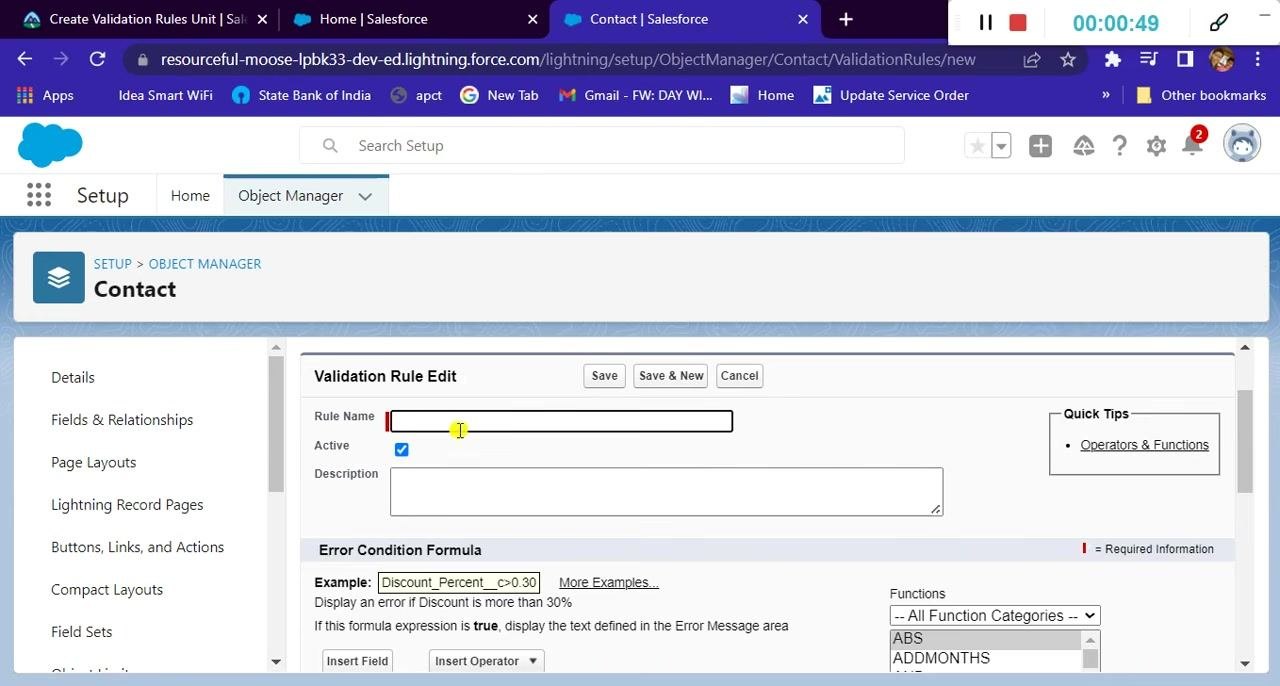 Object Manager screen listing standard objects, with Contact visible in the list.