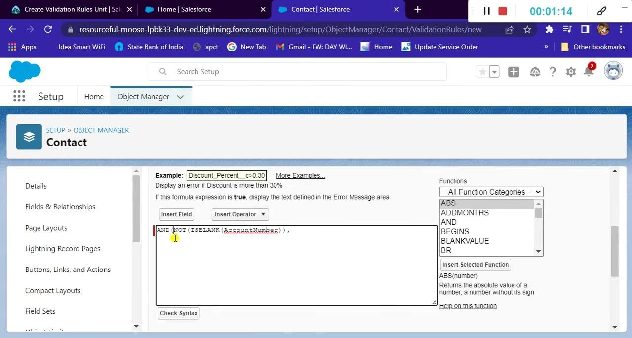 Validation Rule Edit screen with the formula editor showing the start of the AND and NOT(ISBLANK(AccountId)) condition.