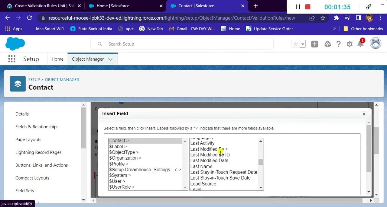 Insert Field dialog showing additional available fields, such as Last Activity and Last Modified By.
